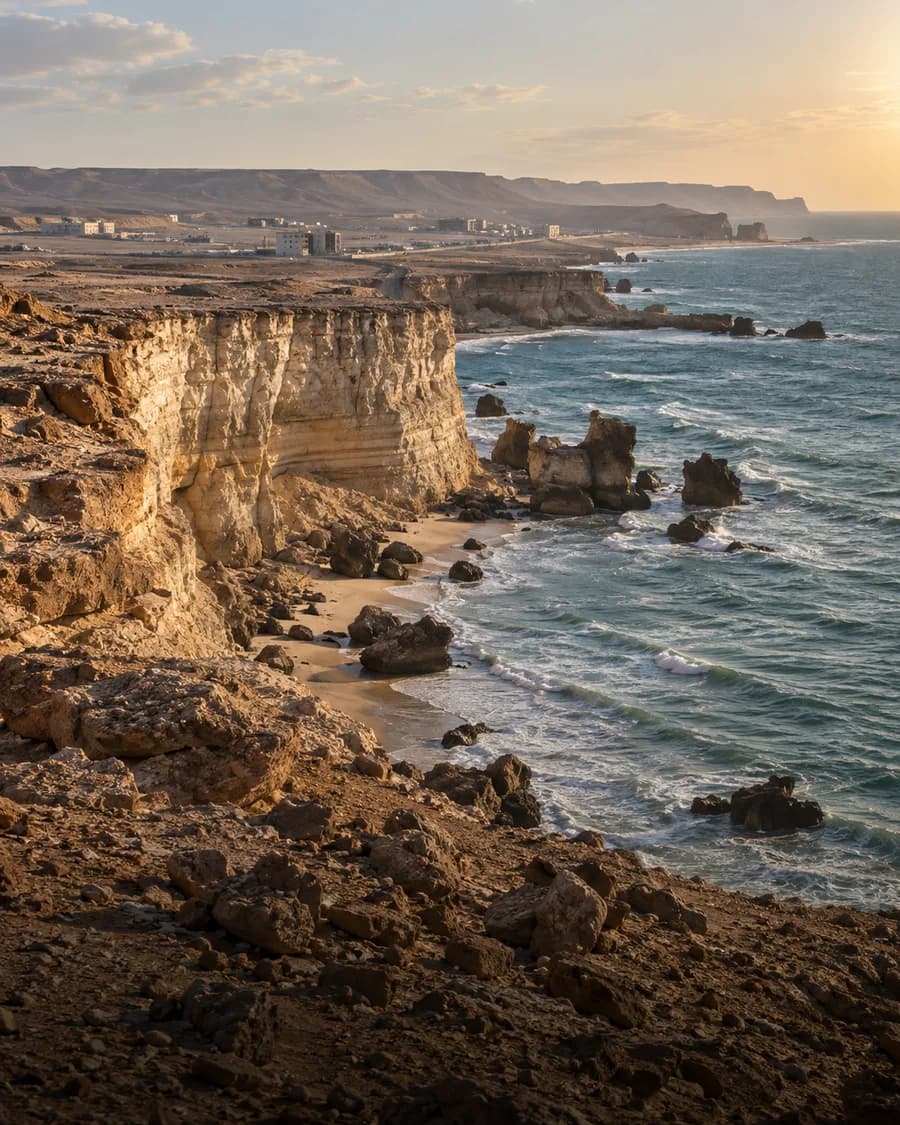 Duqm's limestone cliffs and Arabian Sea shoreline