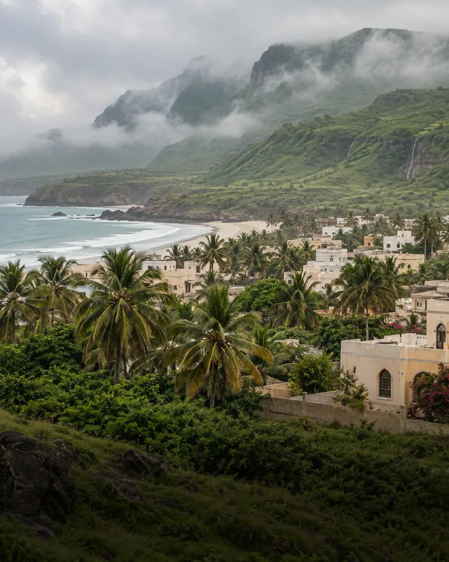 Salalah's palm-lined neighborhood and green Dhofar hills during Khareef