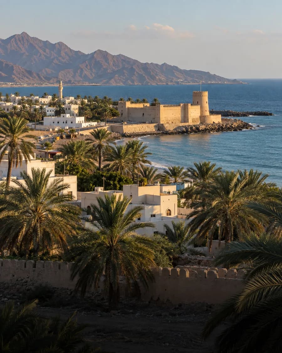 Sohar's coastal fort, palms and residential neighborhood