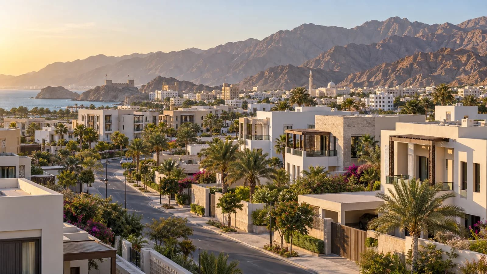 Muscat neighborhood with villas, apartments and mountains