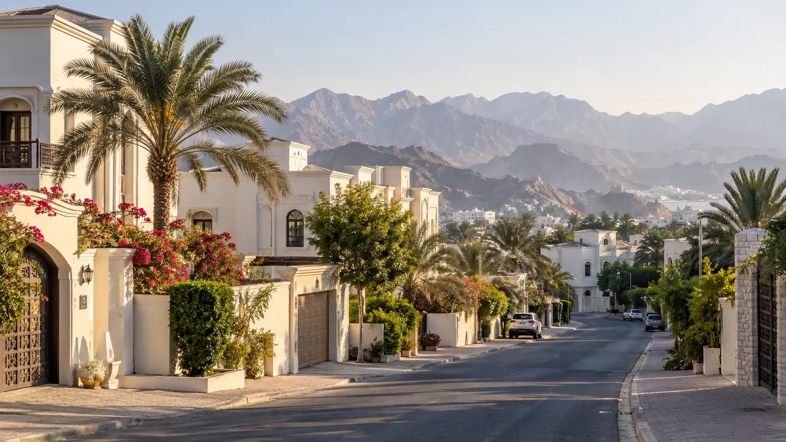 Residential street in Muscat with villas, palms and mountains