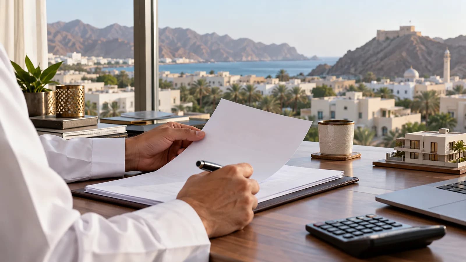 Buyer reviewing home financing documents in Muscat