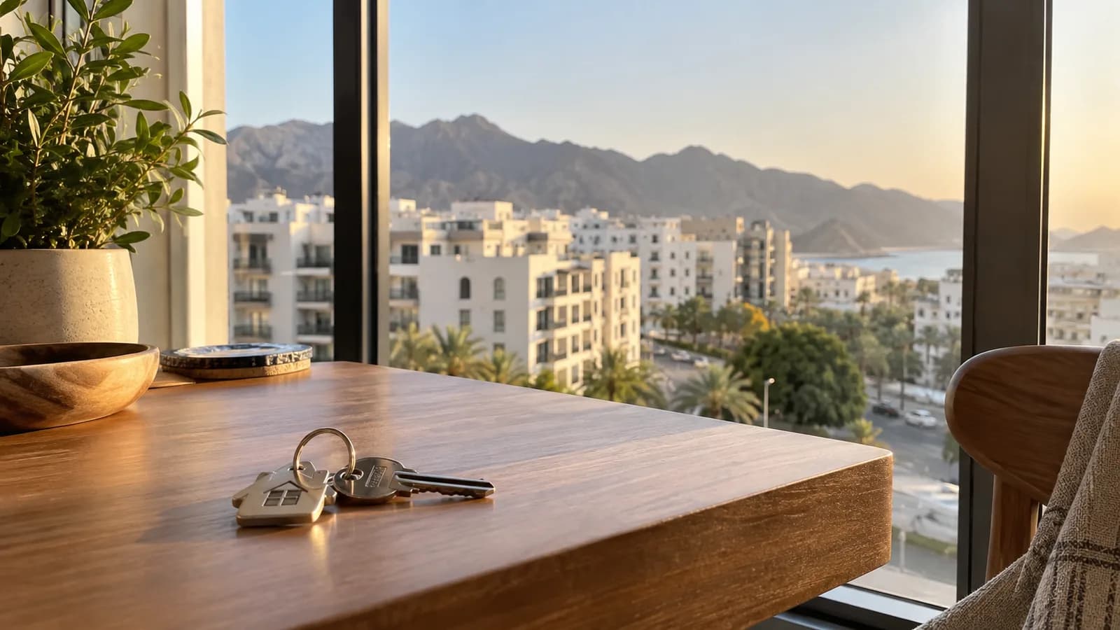 House keys beside a window overlooking a Muscat neighborhood