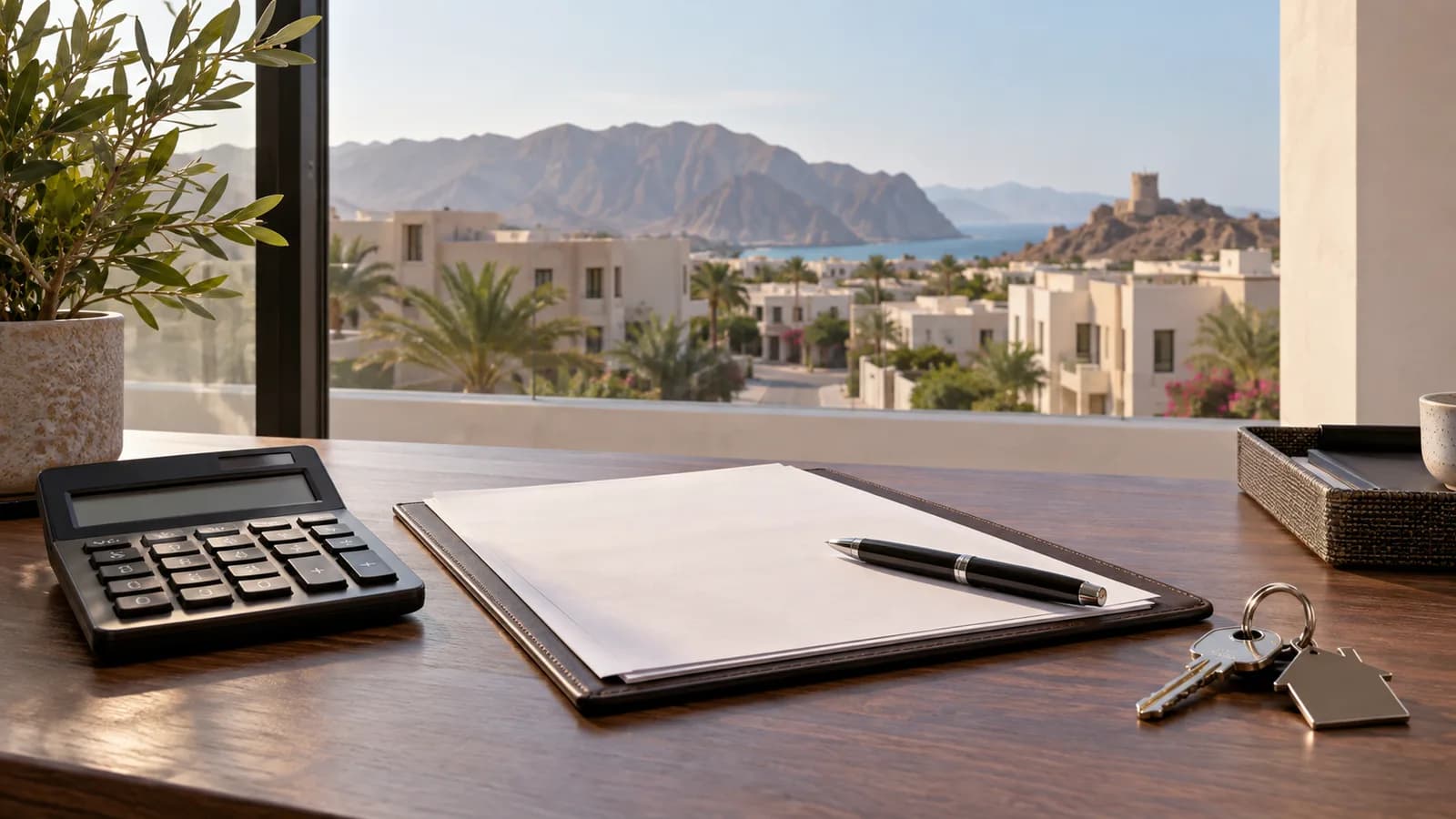 Calculator, documents and keys for a property purchase