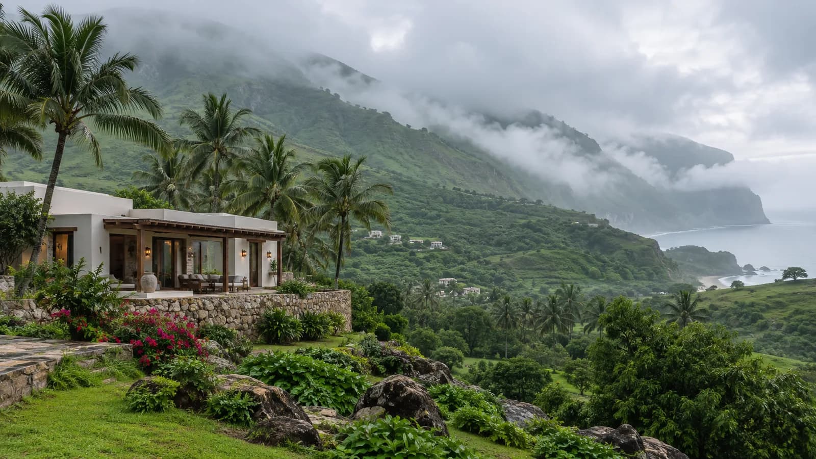 Green Dhofar hills and residence during the Khareef season